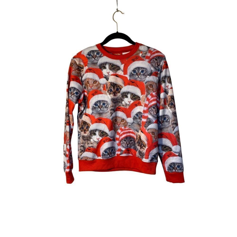 Threadcraft, girls ugly Christmas cat Santa print crewneck sweater, 14/16